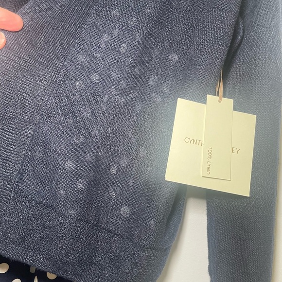 Navy Polka Dot Sleeveless Wrap Dress with Linen Navy Cardigan - Picture 6 of 15